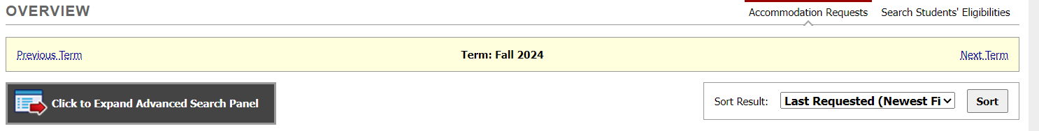 Top of Instructor Overview page, which shows the Expanded Search Panel.