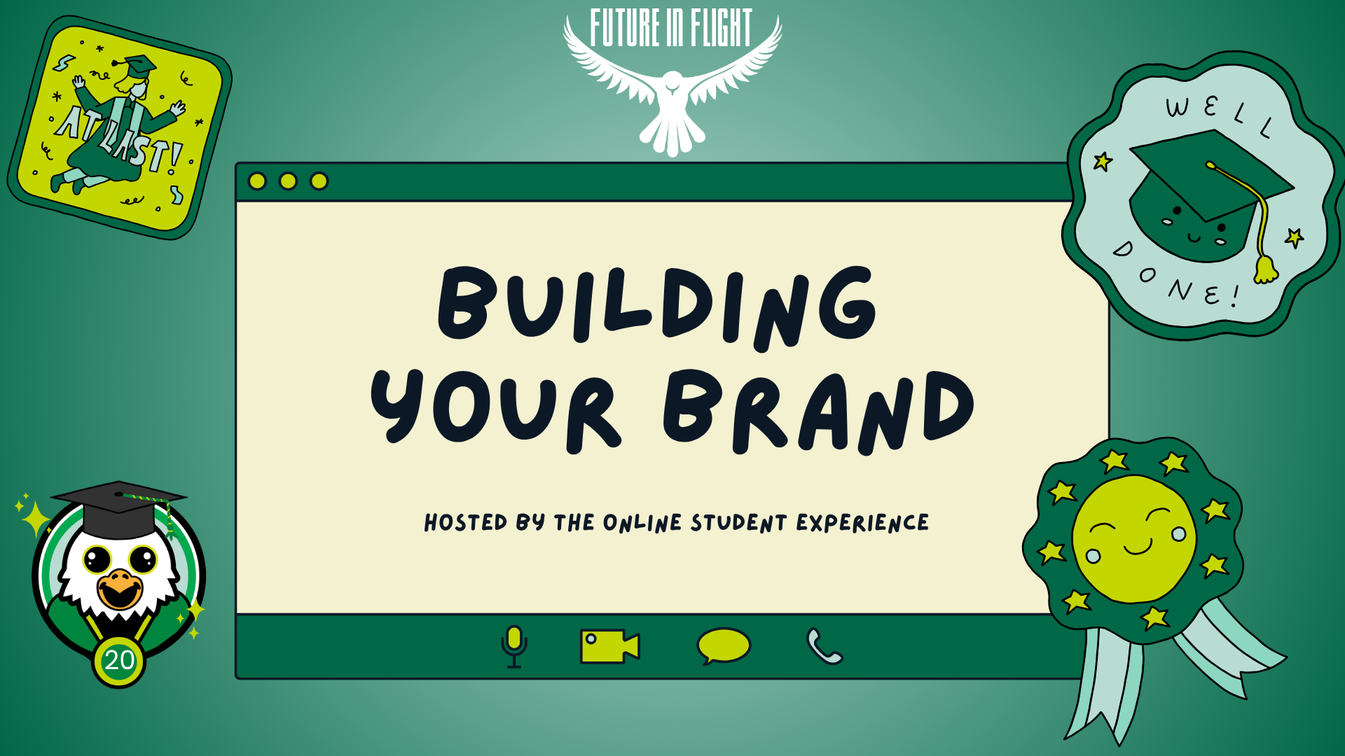 the title is building your brand and the background is a retro computer window with various graduation stickers.